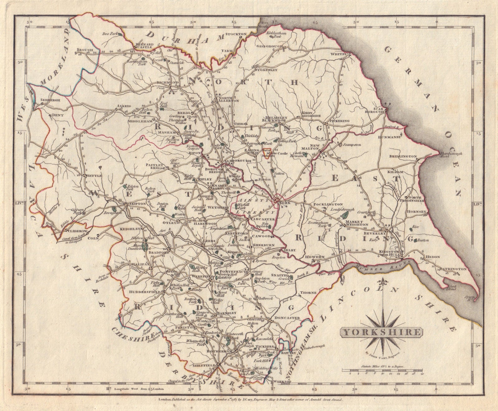 Antique county map of YORKSHIRE by JOHN CARY. Original outline colour 1787